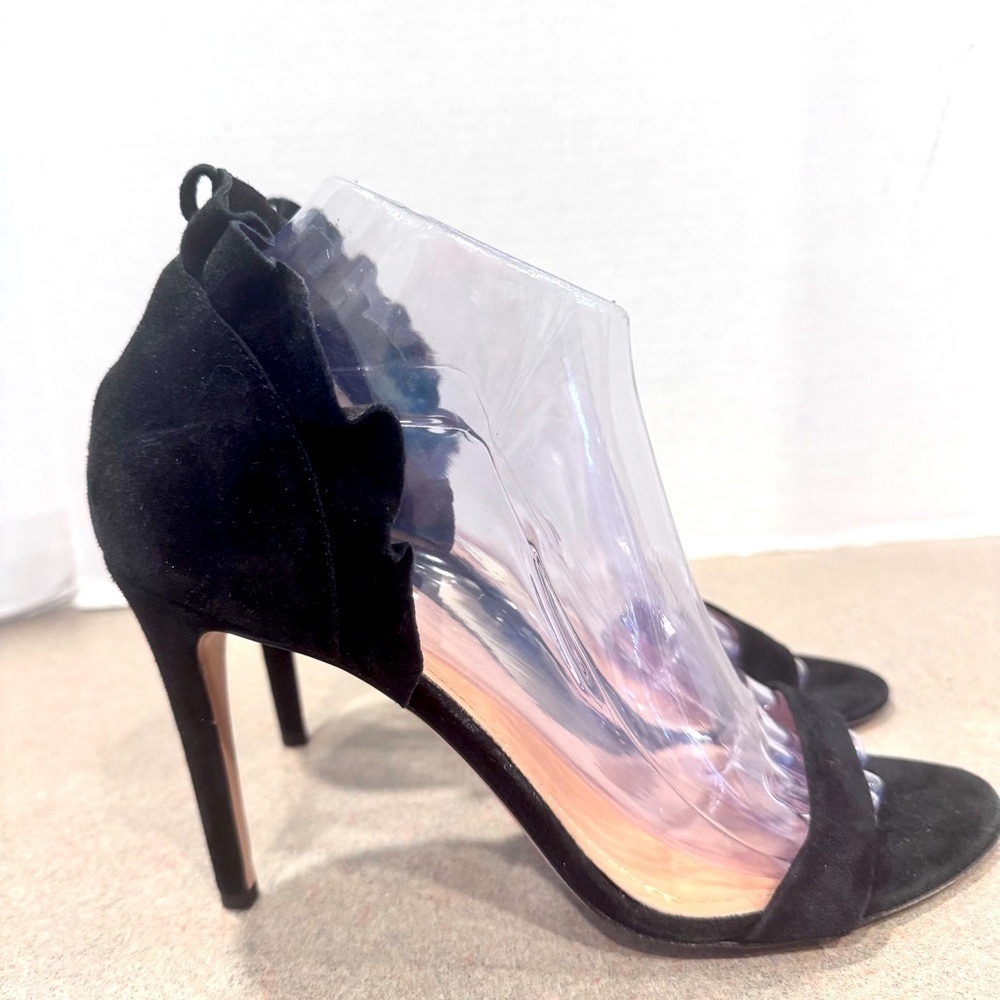 Lewit Black Ruffle Regina Heels Made In Italy 39.5 US 9.5 Open Toe Pumps